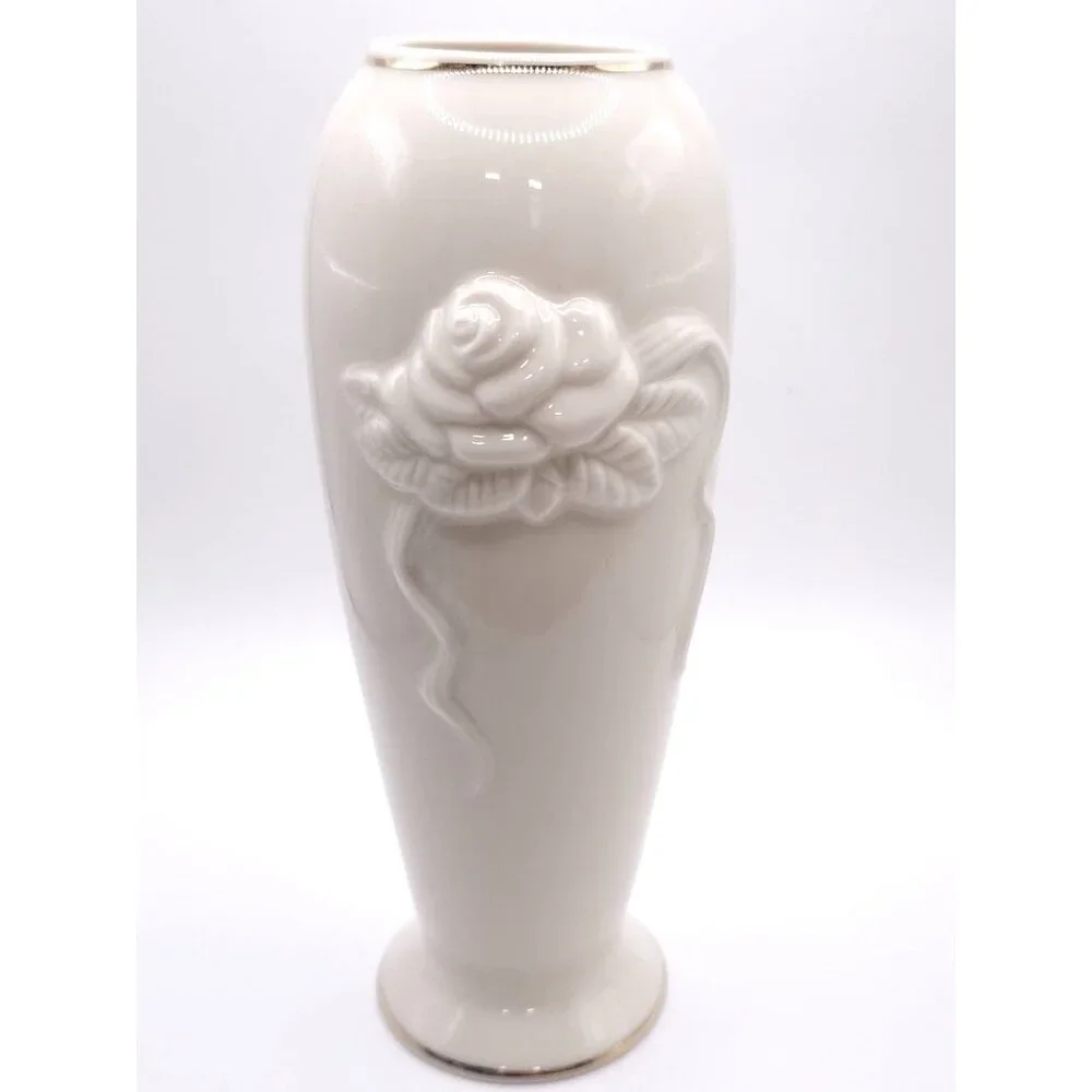 White Ceramic Vase With Rose Embossed Design & Gold Trim - Picture 6 of 11